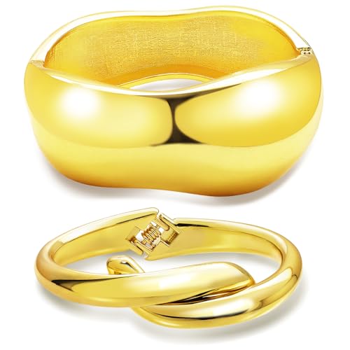 RechicGu 2pcs Golden Color Plated Cuff Waterdrop Teardrop Bangle Bracelet for Women Gift,Chunky Twisted Hinge irregular Minimalist Wide Thick Golden Open Oval Wrist Bracelet Jewelry Set - color: Wide Bangle Gold