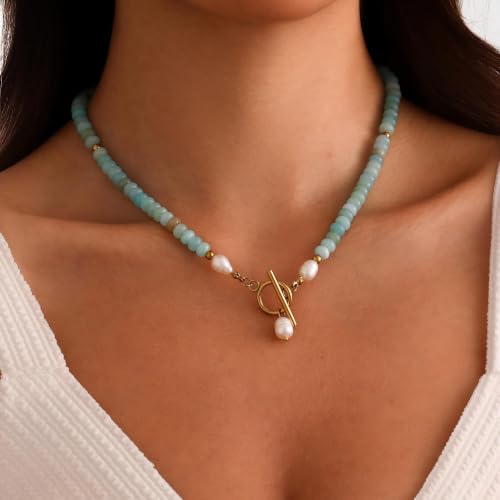 Dainty Turquoise Pearl Pendant Necklace 18K Gold Plated Bohemian Stone Pearl Choker Necklace for Women Dainty Natural Stone Choker Turquoise Beaded Necklace - color: Gold