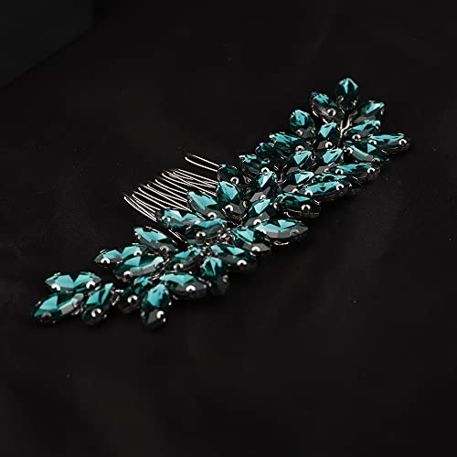 Teyglen Women's Dainty Simple Rhinestone Hair Comb - Luxurious Shiny Bridal Side Hair Accessory for Weddings (Silver-Green) - color: Silver-Green
