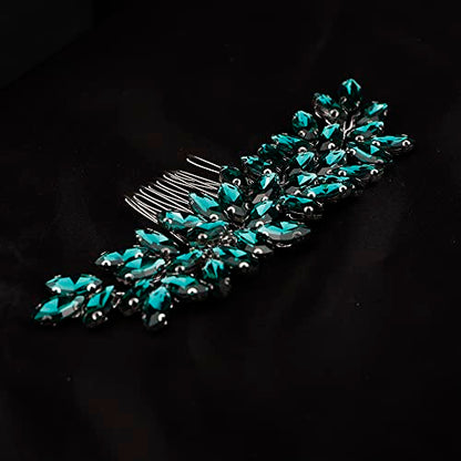 Teyglen Women's Dainty Simple Rhinestone Hair Comb - Luxurious Shiny Bridal Side Hair Accessory for Weddings (Silver-Green) - color: Silver-Green