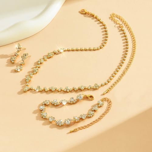 Unicra Bride Crystal Necklace Earrings Set Bridal Wedding Jewelry Sets Rhinestone Choker Necklace Costume Jewelry Set for Women and Brides - color: Gold Necklace Bracelet Earrings