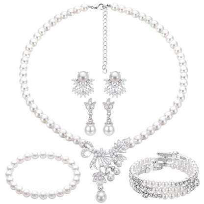 Glenmal Pearl Rhinestone Jewelry Set for Women Pearl Necklace Bracelet Earrings for Wedding Halloween Bridal Shower Tea Party - style: Glitter Style