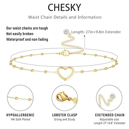 CHESKY Waist Beads for Women, Dainty 14k Gold Plated Waist Chain Beach Accessories Cute Belly Chain Body Chain Gold Chain Belts for Women Summer Beach Jewelry for Womens Gifts Rave Outfits for Womens - style: Heart