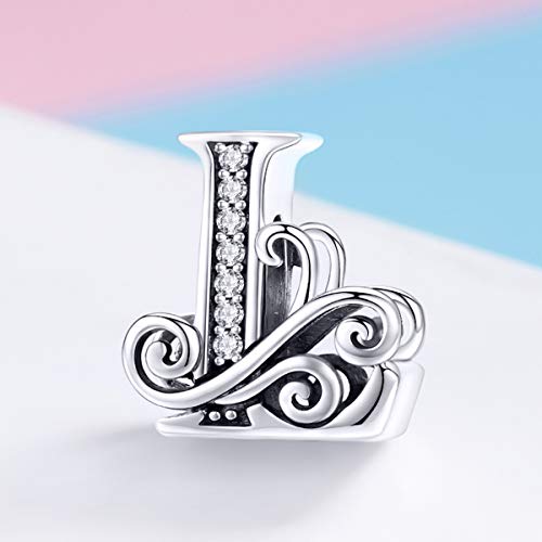 BISAER 925 Sterling Silver Initial Letter A-Z Charms for Bracelets Alphabet Beads Charm Jewelry Gifts - color: Letter L