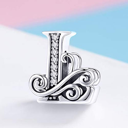 BISAER 925 Sterling Silver Initial Letter A-Z Charms for Bracelets Alphabet Beads Charm Jewelry Gifts - color: Letter L