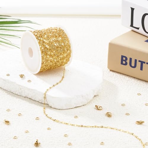 GTVOODX 33 Feet 18K Gold Plated Stainless Steel Chains for Jewelry Making | 2mm Dapped Sequin Permanent Jewelry Chain Spool Bulk for DIY Necklace and Bracelet Accessories - color: Gold Lip
