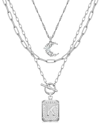 MJartoria Layered Initial Necklaces for Women Trendy, 14K Gold Plated Brass Simple Moon Choker Square Letter Pendant Necklace, Paperclip Chain Necklaces Jewelry Gifts - color: Silver, style: K