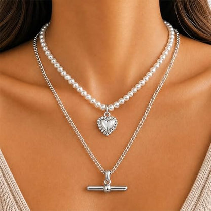 Layered Necklaces for Women Pearl Necklace Stack Gold T Bar Necklace Set Dainty Heart Pendant Jewelry Trendy 2026 Fashion Accessories Gifts - color: A2:2pcs-silver
