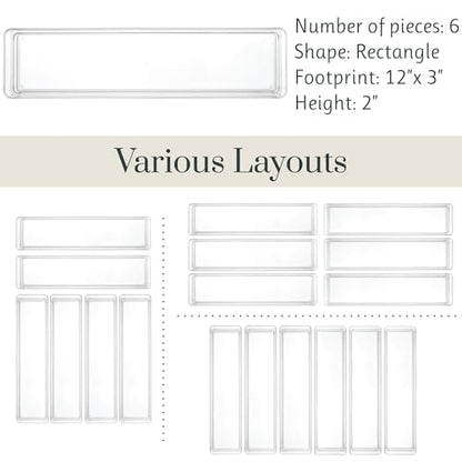STORi SimpleSort 6-Piece Stackable Clear Drawer Organizer Set | 12" x 3" x 2" Rectangle Trays | Narrow Makeup Vanity Storage Bins and Office Desk Drawer Dividers | Made in USA - size: 12x3x2" (Set of 6)