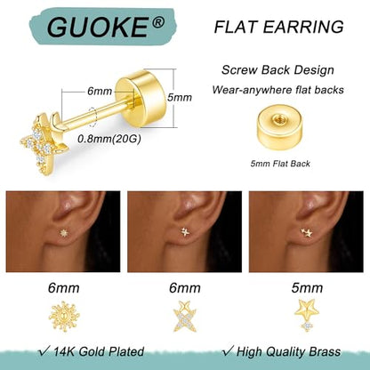 3 Pair Tiny Flat Back Earrings for Women - 14K Gold/White Gold Plated Dainty Cute Small Screw Flatback Stud Earring, Everyday Wear Gift - color: Star&Sun Flat-5/6/7mm Gold