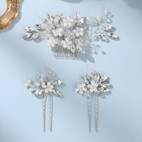 Wedding Hair Accessories Crystal bridal hair pins Rhinestone Pearl hair comb Brides and Bridesmaids, Girls, Women(SILVERY) - color: Silver