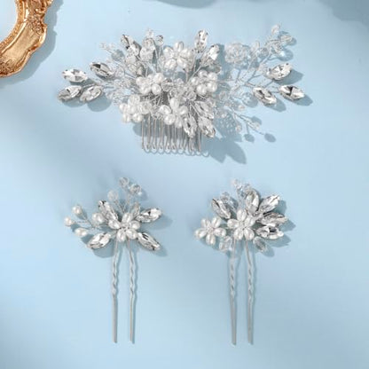 Wedding Hair Accessories Crystal bridal hair pins Rhinestone Pearl hair comb Brides and Bridesmaids, Girls, Women(SILVERY) - color: Silver