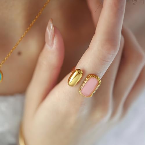 Elegant Gemstone Geometric Statement Rings for Women Gold-Tone Plated Stainless Steel Open Band Dainty Wedding Open Adjustable Middle Thumb Ring Cocktail Prom Party Trendy Jewelry for Girlfriend - color: Pink