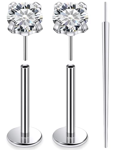 20G 18G 16G F136 Titanium Threadless Flat Back Earrings Nose Studs Tragus Forward Helix Conch Cartilage Lobe Earrings Medusa Labret Snake Bite Monroe Lip Ring Piercing Jewelry For Women Men - size: 18G-10MM Bar-CZ 4MM