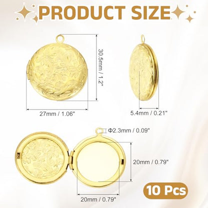 MECCANIXITY Custom Photo Locket Charm, Copper Retro Picture Locket Pendants for DIY Memorial KeyChains Necklace Bracelet Jewelry Making - color: Gold, style: Round Engraved Flower