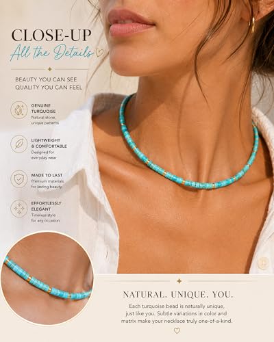 Natural Heishi Gemstone Choker Necklace for Women, Adjustable 15"+2" Beaded Layering Necklace, Coastal Beach Jewelry Gift for Her - color: Turquoise