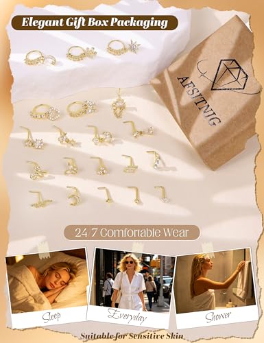 20Pcs 20G Dangle Nose Rings for Women Surgical Steel L Shaped Dangling Nose Studs Dainty Nose Ring Hoop Set CZ Heart Flower Butterfly Moon Nose Piercing Jewelry - color: Gold Clear Nose Rings