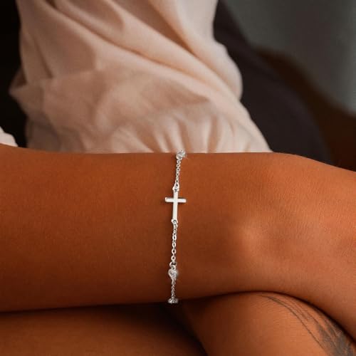Bracelets for Women, Dainty Gold Silver Ring Bracelet Hand Chain | Cubic Zirconia Pearl Charms, 14K Gold Plated, Adjustable Fit, Trendy Stackable Link Chain, Waterproof Jewelry, Gift for Her - color: Silver-cross cz bracelet