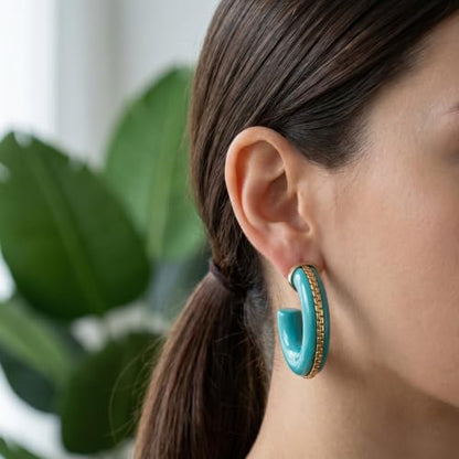 Gold Plated Resin Chunky Hoop Earrings Hypoallergenic Push Back Hoops for Sensitive Ears - color: Turquoise