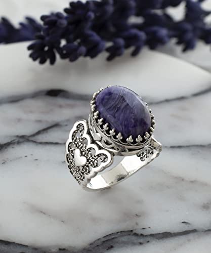 Filigranist 925 Sterling Silver Handcrafted Filigre Art Double Heart Detailed Women Cocktail Ring with Gemstones - color: Charoite