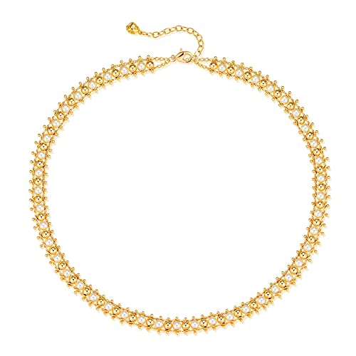 MTMY Beaded Necklaces for Women 14K Gold Plated Dainty Colorful Green/Rose Beaded Pearl Choker Necklace Delicate Boho Choker Necklace Jewelry Gift - style: Pearl beads