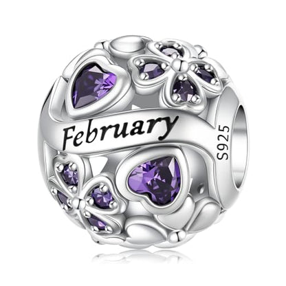 HappyStar 925 Sterling Silver Four Leaf Clover Bead Charm with Cubic Zirconia Birthstone Charms for Bracelets Dangle Pendant Compatible Pandora Bracelets Lucky Charm Birthday Gift - color: 2-February Birthstone Bead