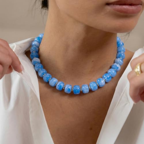 Beaded necklace for Women Boho Bead Gemstone Chunky Necklace Big Bead Necklace Fashion Trendy Summer Necklaces Jewelry Gifts - color: Light Blue