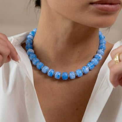 Beaded necklace for Women Boho Bead Gemstone Chunky Necklace Big Bead Necklace Fashion Trendy Summer Necklaces Jewelry Gifts - color: Light Blue
