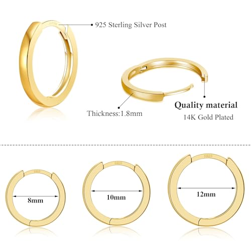 3 Pairs 925 Sterling Silver Hoop Earrings 14K White Gold Plated Small Silver Hoops Cartilage Huggie Earrings for Women Men - color: B-Gold 8/10/12mm