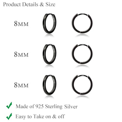 3 Pairs 925 Sterling Silver Small Huggie Hoop Earrings for Women Men | 14K White Gold Plated, Hypoallergenic, Small Silver Hoops - color: I-Black 3Pairs 8mm