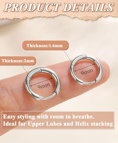Surgical Steel Huggie Hoop Earrings & Flat Back Studs for Women Men, 6mm-14mm Small Hoops for Cartilage Helix Tragus Lobe, 1-10 Pairs Multiple Piercing Jewelry Set for Sensitive Ears - style: 1Pair,SIlver,9mm(THK:1.6mm)