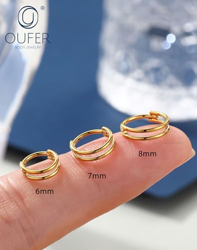 OUFER Nose Rings Hoops, 20G Double Rows Hoop Nose Ring For Women, 316L Surgical Steel Hinged Segment Cartialge Piercing, Inner Diameter 6/7/8MM Cartilage Rook Helix Lobe Tragus Earrings - color: Gold