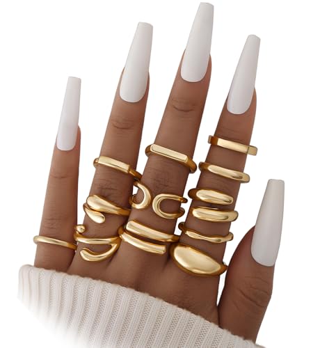 iF YOU 25 Pcs Gold Stackable Ring Set for Women, Chunky Knuckle Finger Midi Rings, Silver Simple Stacking Cute Rings Pack Trendy Stuff Jewelry Gift - style: 12 Chunky gold rings