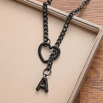 sroyte Black Heart Slip Chain Initial Necklaces for Women,Stainless Steel O-Ring Adjustable Lariat Heart Y-Necklace,Punk Gothic Cuban Collar Choker Necklace for women - color: Black A