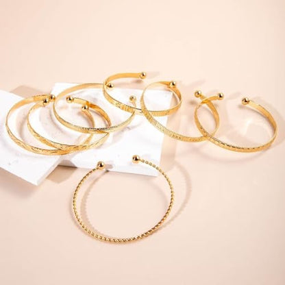 Gold Bangle Bracelets for Women, 14k Gold Plated Multi Layer Textured Stackable Open Bracelet Set Boho Indian Bangles Stackable Set Trendy Elegance Charms Non Tarnish Minimalist Bangle Pack - style: Gold 5Pcs