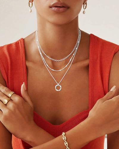 Stackable Silver Plated Layered Choker Necklaces for Women | Stacked Stacking Layering Dainty Silver Plated Necklace, Beach Circle Paperclip Pendant Chain Necklaces Trendy, Jewelry Set - color: 3PCS / Twisted Circle & 2 Chains - Silver