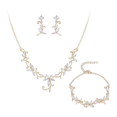 Crysdue Flower Leaf Wedding Jewelry Set for Bridal Bridemaid, Cubic Zirconia Teardrop Elegant Silver/14K/Rose Gold Plated Vine Necklace Dangle Earrings for Prom Party - style: B_Three Set Gold Tone