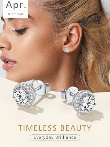 FindChic Birthstone Earrings for Women, Round/Heart/Square/Teardrop Earrings with 925 Sterling Silver Posts & Push Backs, Hypoallergenic Studs with Cubic Zirconia, 12 Months Jewelry with Gift Box - style: 04. April-Diamond (Round)