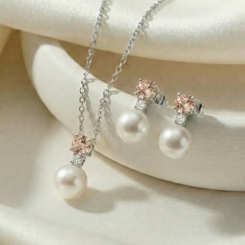 Mariell Pearl Wedding Necklace Earrings Set with CZ Crystal, Jewelry for Brides, Bridesmaid, Mother's Day - color: Silver-Champagne Cubic Zirconia