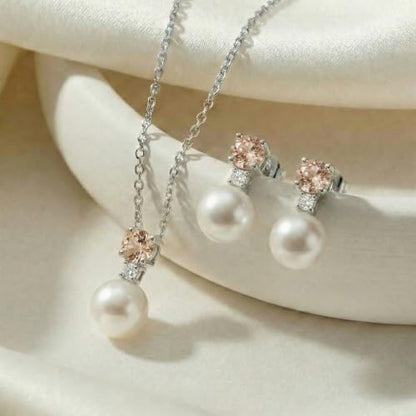 Mariell Pearl Wedding Necklace Earrings Set with CZ Crystal, Jewelry for Brides, Bridesmaid, Mother's Day - color: Silver-Champagne Cubic Zirconia