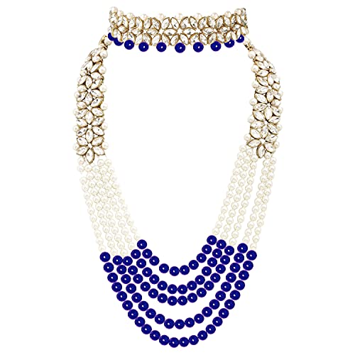 Aheli Wedding Party Wear Bridal Jewellery Choker Long Pearl Necklace Earrings Maang Tikka Indian Traditional Set Gift for Women - color: Blue