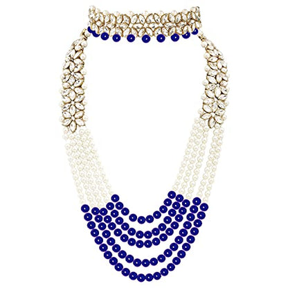 Aheli Wedding Party Wear Bridal Jewellery Choker Long Pearl Necklace Earrings Maang Tikka Indian Traditional Set Gift for Women - color: Blue