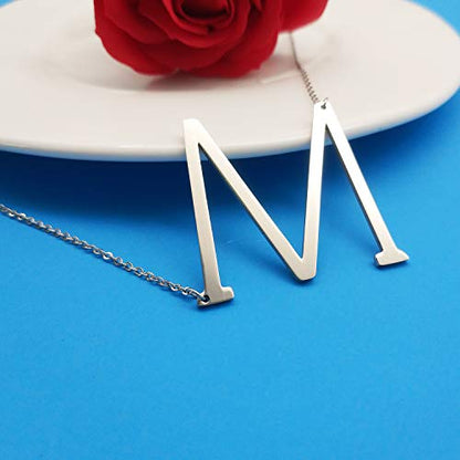 MOMOL Sideways Initial Necklace 18K Gold Plated Stainless Steel Large Big Letters Pendant Necklace Script Name Monogram Necklaces for Women - color: M Silver
