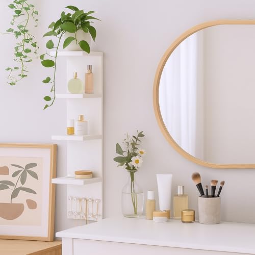 LitaEther 4 Tier White Lack Shelf Vanity Wall Shelf with 10 Crystal Hooks - Multi-Functional Storage for Makeup, Jewelry, Plants, Awards & Display (L7.1 x W5.5 x H30.7) (1)