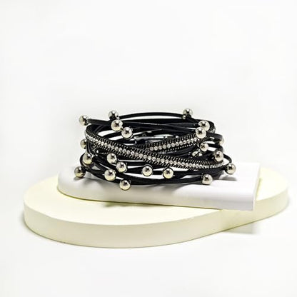 ZMANYIJEW Leather Wrap Bracelets for Women,Boho Cuff Bracelets Multi-Layer Crystal Beads Cuff Bracelet Multilayered Leopard Leather Braided Bangle Wrist Cuff Bangles - style: bead-black