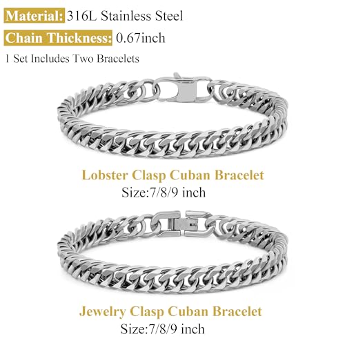 2PCS Cuban Link Bracelet, Silver Gold Black Sturdy 316L Stainless Steel Cuban Link Chain for Men Jewelry Set with Gift Message Card 8mm, 7/8/9 Inches - color: Silver, size: 9 inches