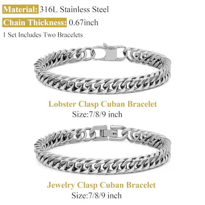 2PCS Cuban Link Bracelet, Silver Gold Black Sturdy 316L Stainless Steel Cuban Link Chain for Men Jewelry Set with Gift Message Card 8mm, 7/8/9 Inches - color: Silver, size: 9 inches
