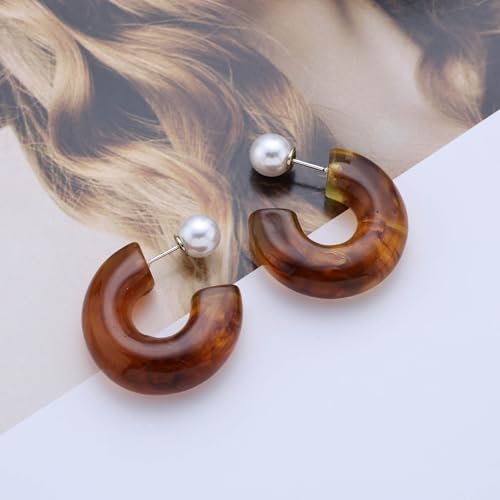 Chunky Acrylic Hoop Earrings White Resin Open Circle Hoop Earrings Round Pearl Studs Thick Acrylic C Shape Earring Pearl Front Back Earring Jewelry for Women - color: Brown