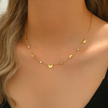 Dainty Necklaces with CZ Inlaid Minimalist Stackable Fashion Gifts - color: Moon-GD