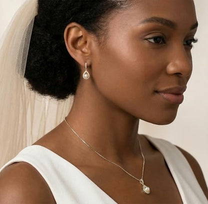 Mariell Pearl Necklace and Drop Earrings Wedding Jewelry Set for Brides, Bridesmaids, Birthday Gift - color: Gold